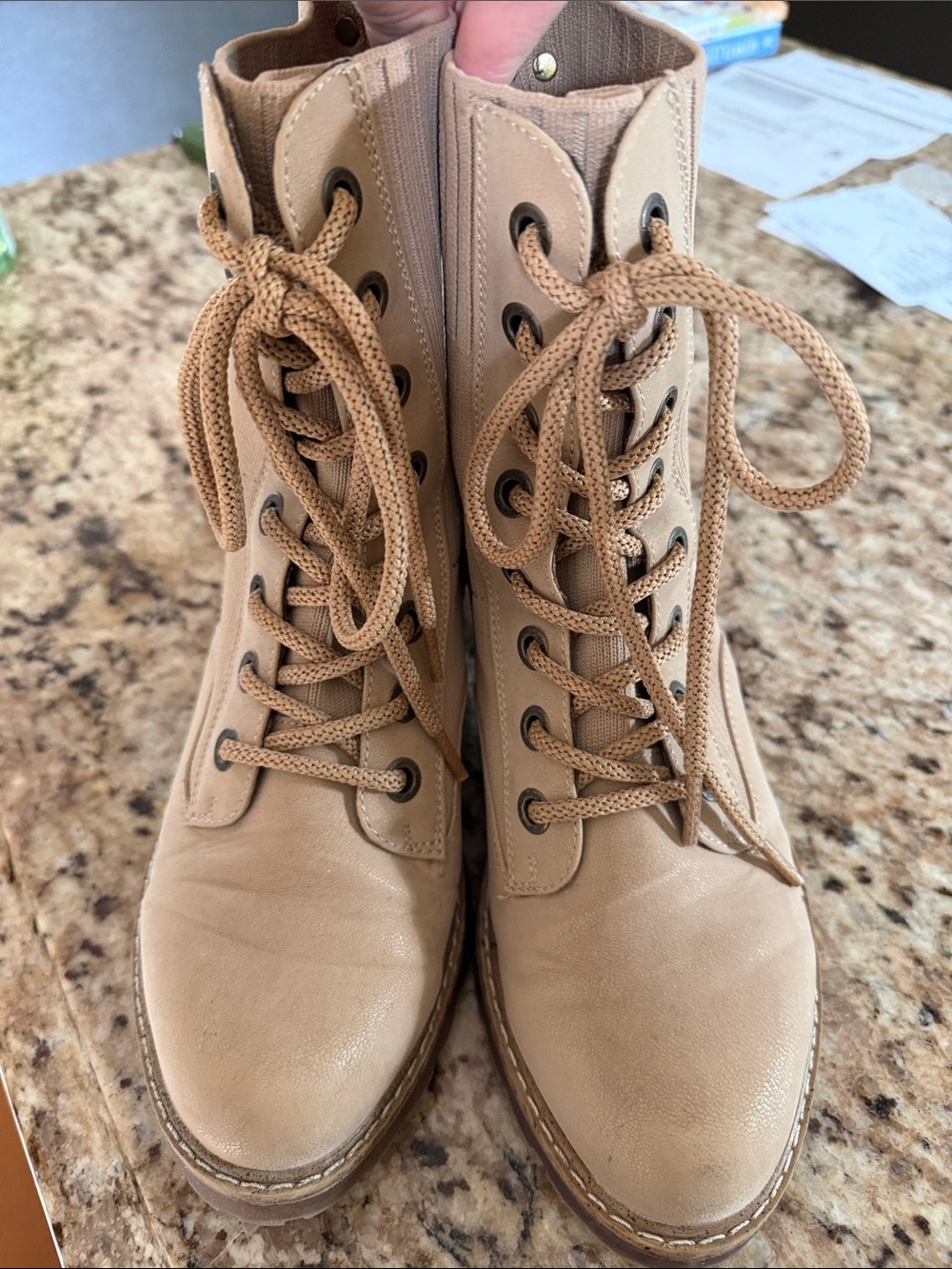 Women's Tan Lace-Up Knit Collar Combat Boots - Picture 7 of 8